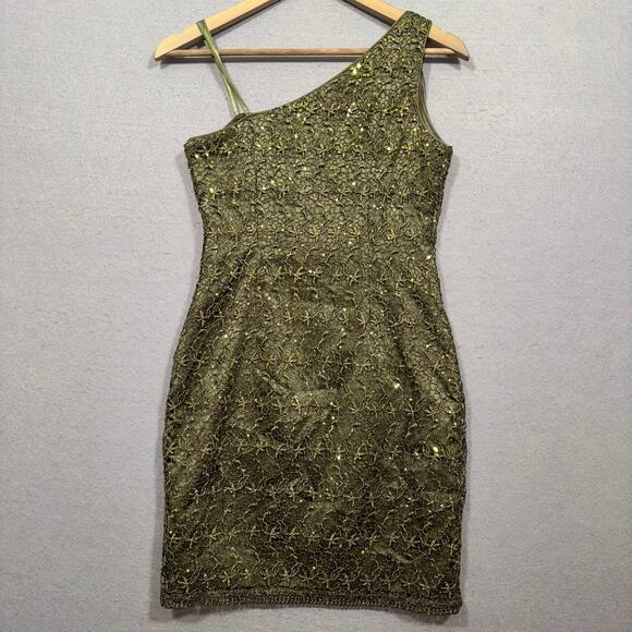 Adrianna Papell One Shoulder Dress Olive Green Lace Sequin Formal Gown Size 2 - Picture 2 of 9
